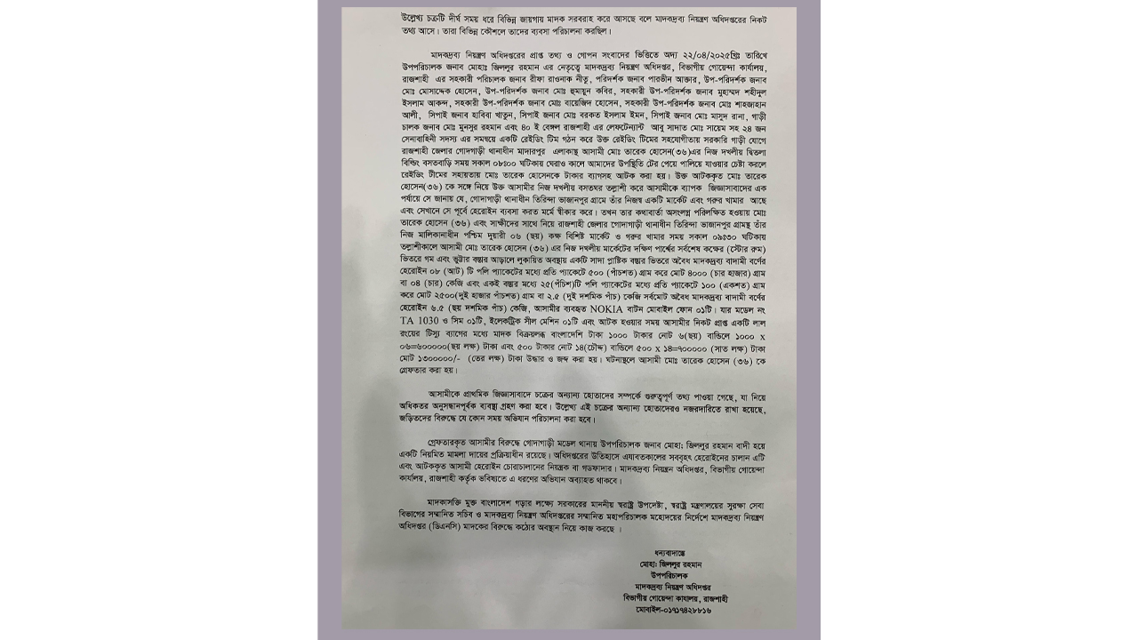 সাড়ে ৬ কেজি হেরোইন ও ১৩ লাখ টাকাসহ আটক একজন