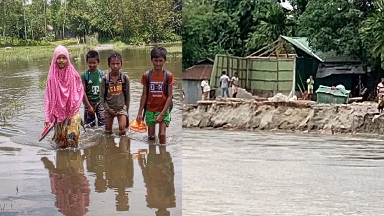হাঁটুপানি মাড়িয়ে স্কুলে শিক্ষার্থীরা, তিস্তায় বিলীন ঘরবাড়ি