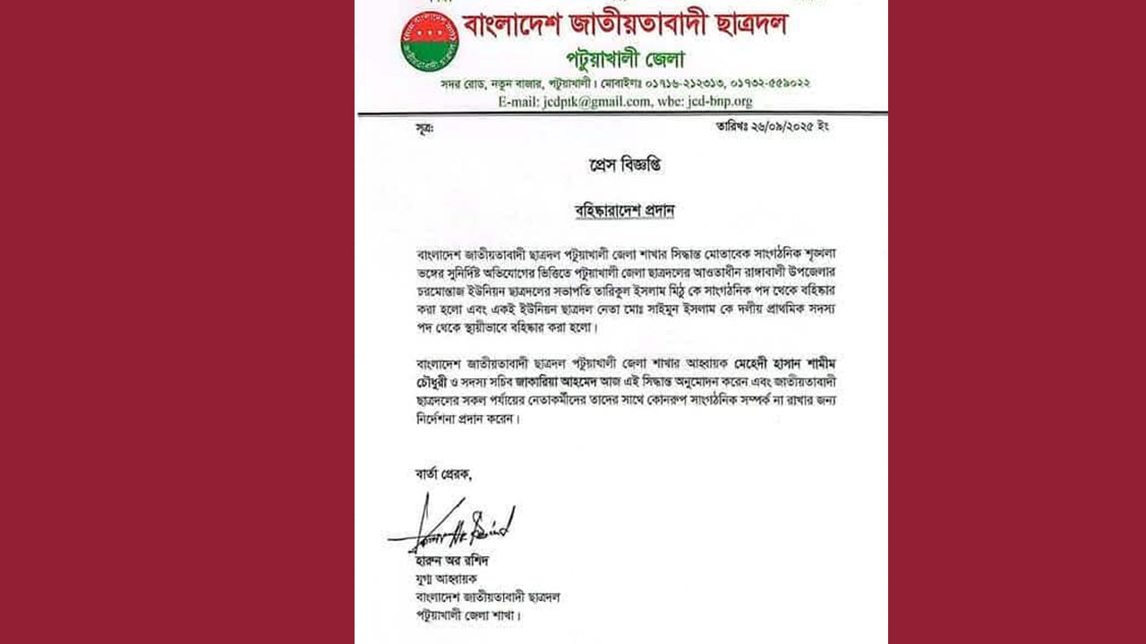 কলেজছাত্রীর ওড়না ও বাবার লুঙ্গি খুলে মারধর: দু’ছাত্রদল নেতা বহিষ্কার