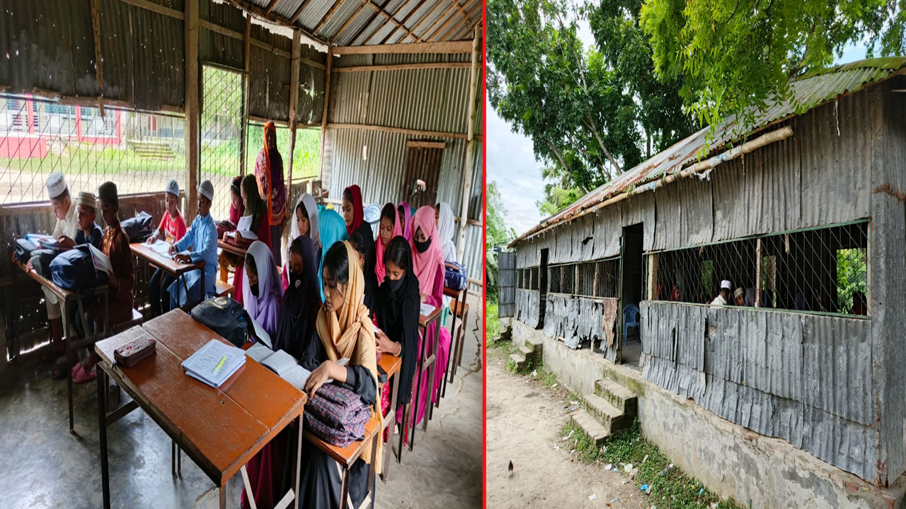 নড়বড়ে ঘরে ঝুঁকি নিয়ে চলছে ক্লাস, দুর্ঘটনার আশঙ্কা