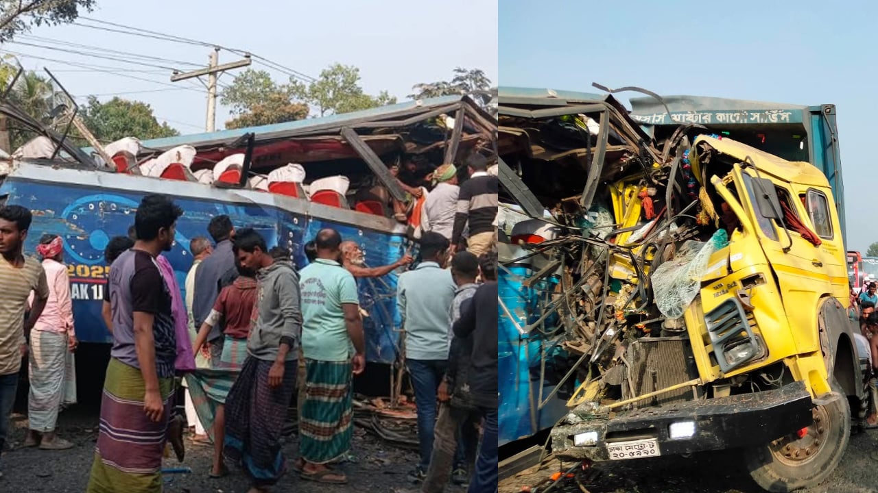 ঢাকা-আরিচা মহাসড়কে কাভার্ড ভ্যান ও সেলফি বাসের মুখোমুখি সংঘর্ষ