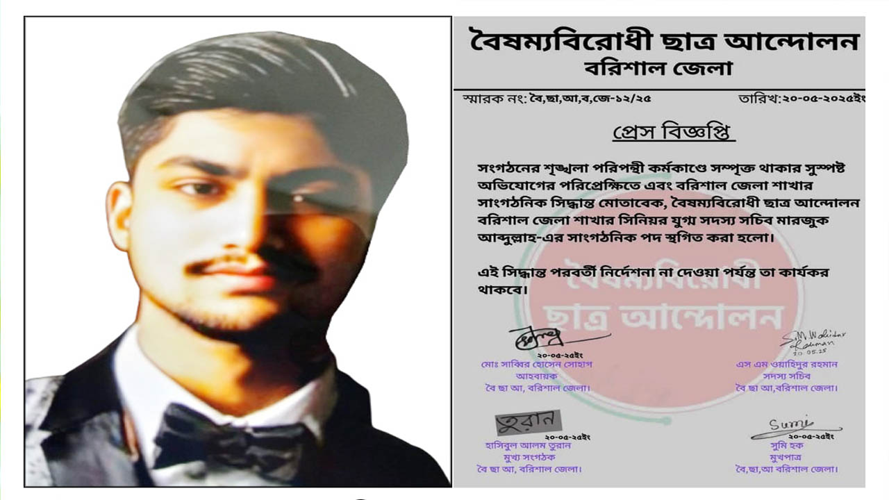 বরিশালে বৈষম্যবিরোধী নেতা মারজুক আব্দুল্লাহর দলীয় পদ স্থগিত