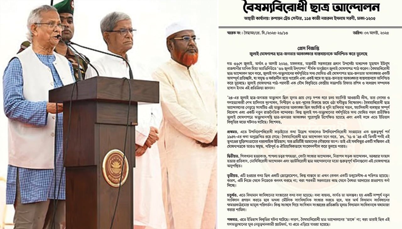 জুলাই ঘোষণাপত্র ছাত্র-জনতার আকাঙ্ক্ষার বাস্তবায়নকে অনিশ্চিত করে তুলেছে