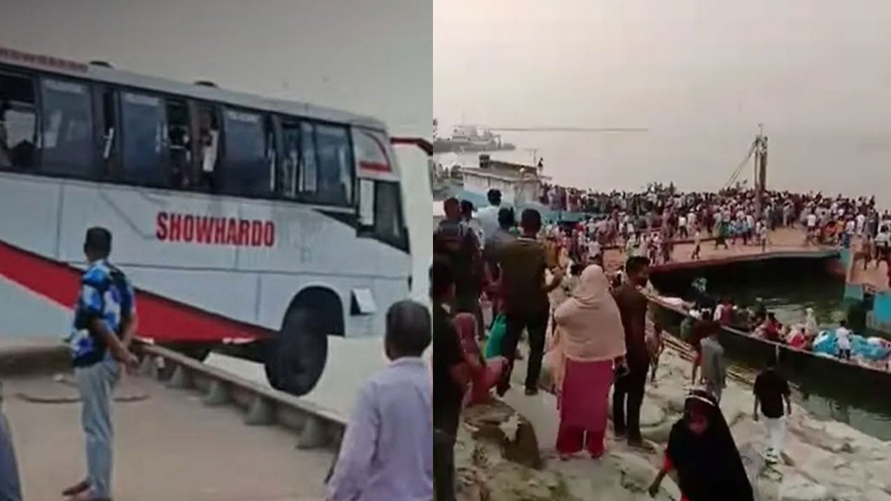 দৌলতদিয়া ঘাটে নিয়ন্ত্রণ হারিয়ে বাস নদীতে, হতাহতের শঙ্কা