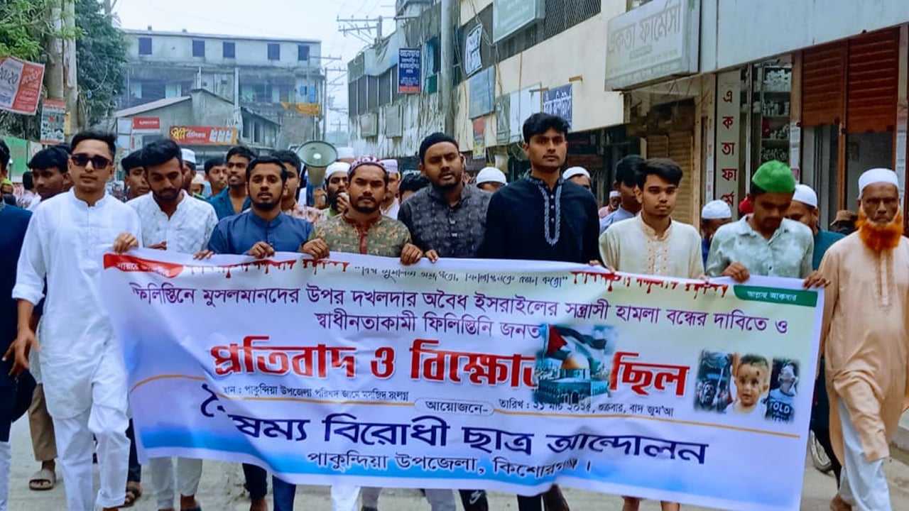 ফিলিস্তিনে বর্বর হামলার প্রতিবাদে পাকুন্দিয়ায় বিক্ষোভ
