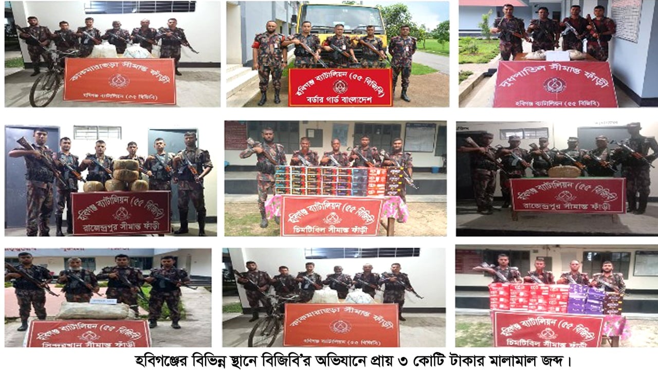 হবিগঞ্জে বিজিবি’র অভিযান, ৩ কোটি টাকার চোরাই পণ্য আটক