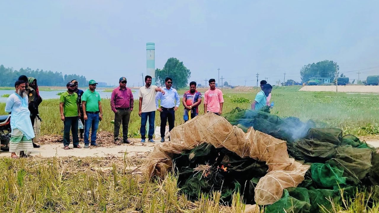 সিংড়ায় ২ লাখ টাকার নিষিদ্ধ চায়না দুয়ারি জাল ধ্বংস