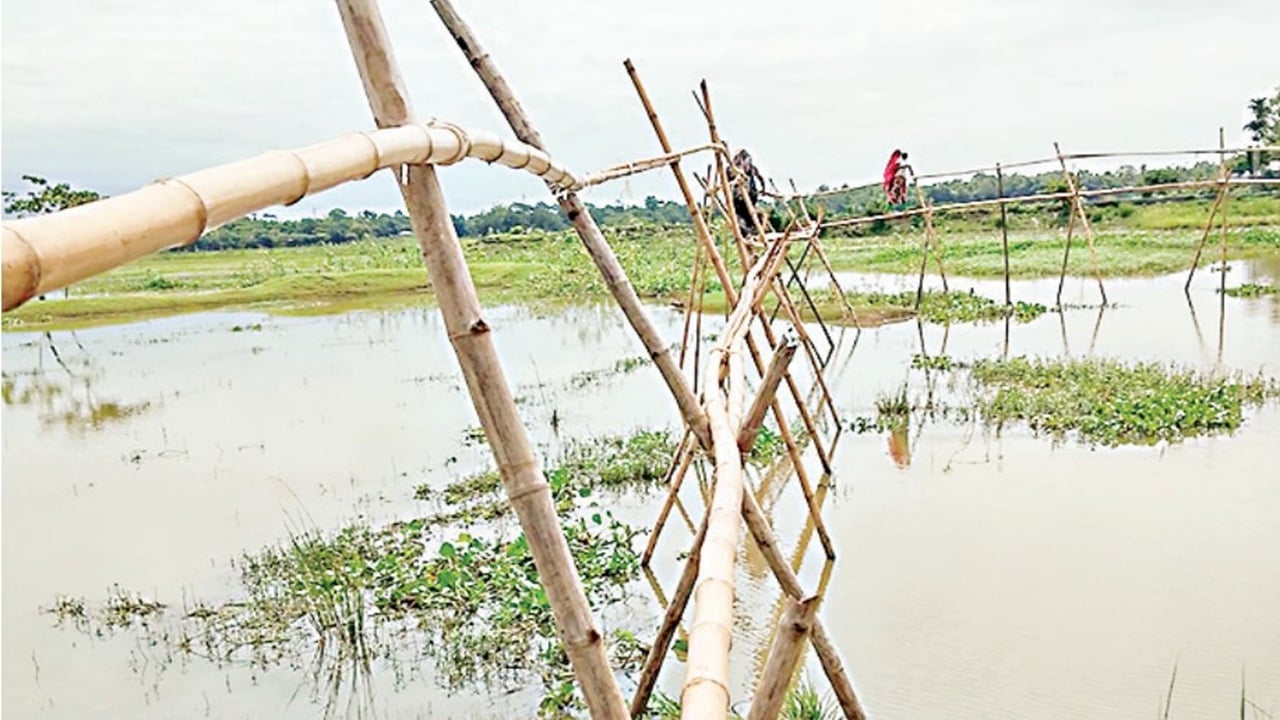 সেতু না থাকায় বাঁশের সাঁকোই ভরসা