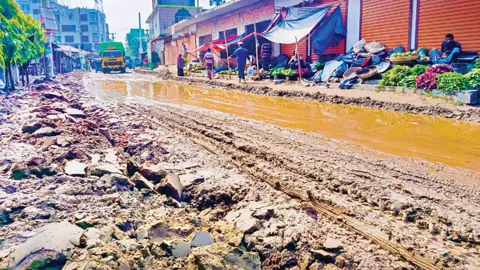 শেরপুর-নন্দীগ্রাম সড়ক সংস্কারে ধীরগতিতে চরম দুর্ভোগ