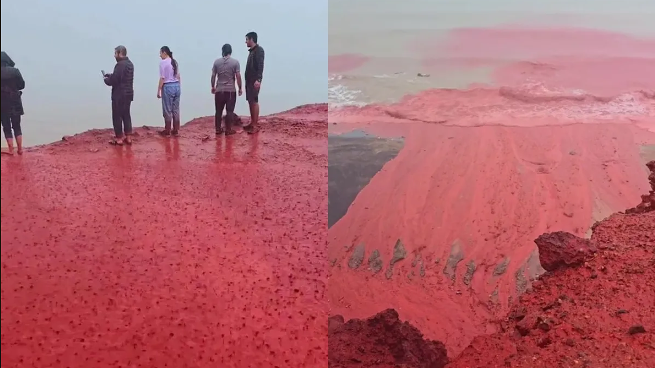 হরমুজ দ্বীপে বৃষ্টির পর রক্তলাল হলো মাটি ও সমুদ্রের পানি