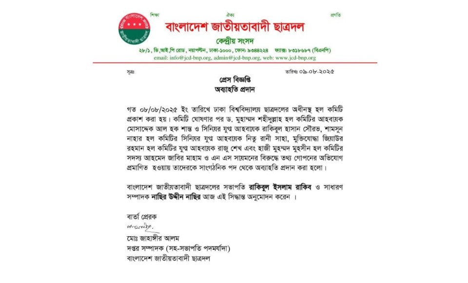 কমিটি ঘোষণার ১৪ ঘণ্টার মধ্যেই ঢাবি ছাত্রদলের ৬ নেতাকে অব্যাহতি