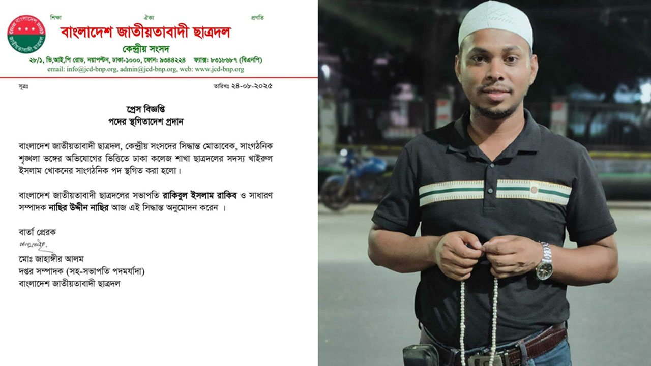 সাংবাদিককে হুমকি দেওয়া ছাত্রদল নেতার পদ স্থগিত