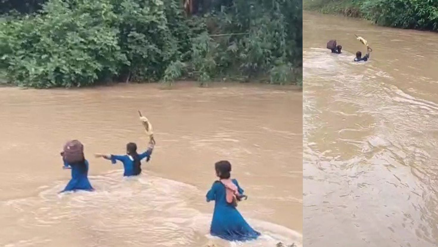 নদীতে সেতু না থাকায় সাঁতরে স্কুলে যায় শিক্ষার্থীরা
