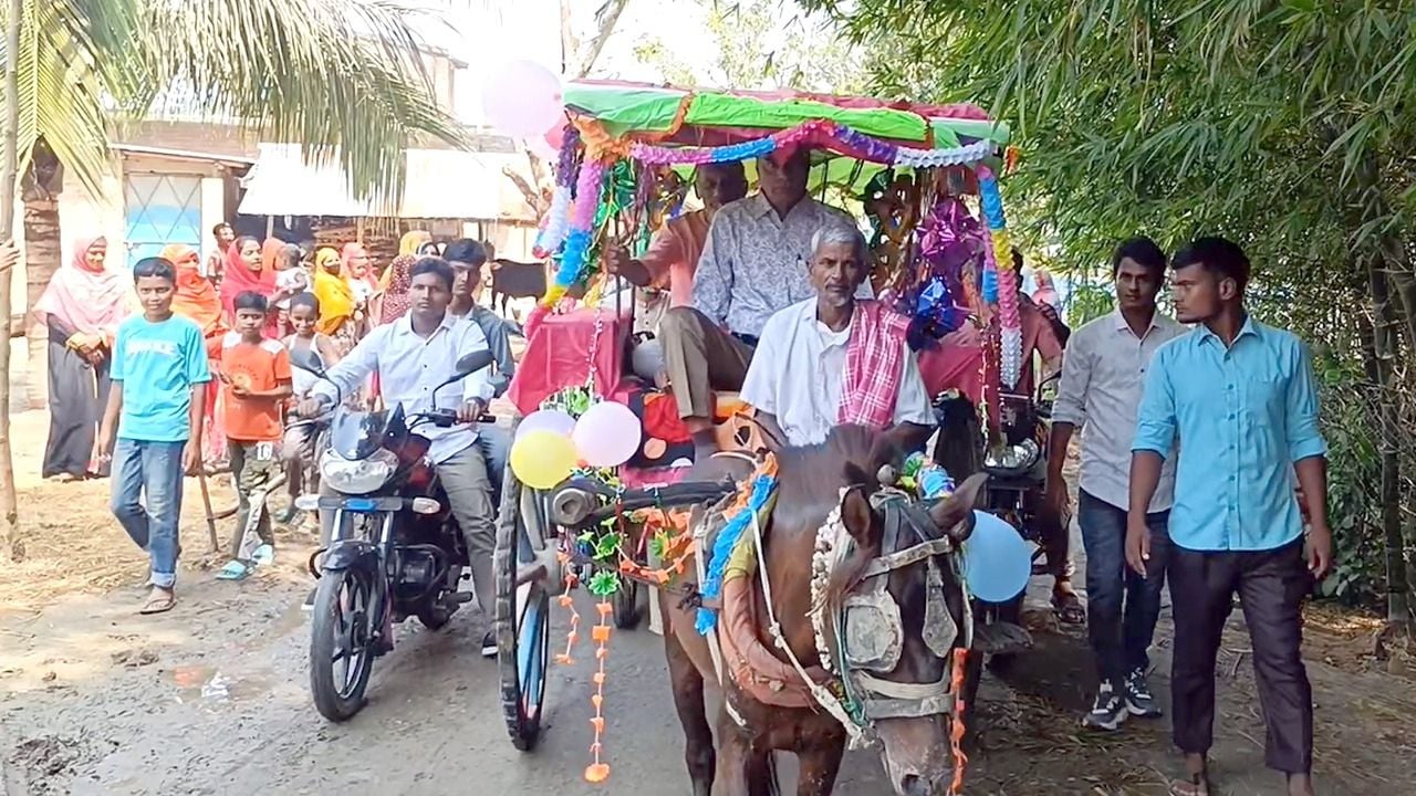 শিবগঞ্জে ঘোড়ার গাড়িতে প্রধান শিক্ষকের রাজকীয় বিদায়