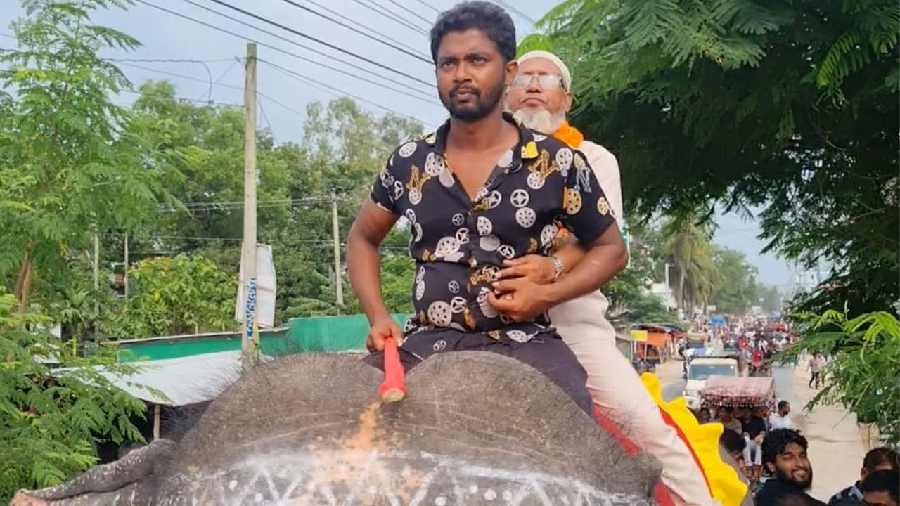 হাতির পিঠে চড়ে প্রধান শিক্ষকের রাজকীয় বিদায়