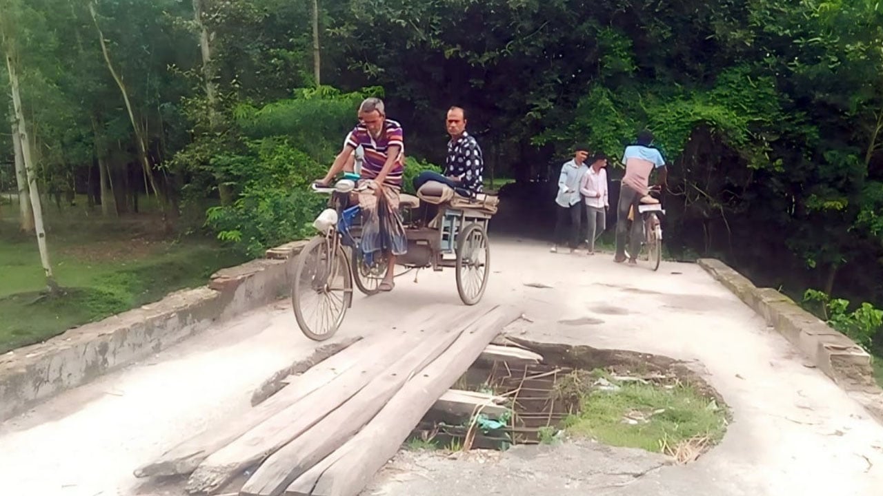 পলাশবাড়ীতে ঝুঁকিপূর্ণ সেতুর ওপর কাঠ বিছিয়ে পারাপার