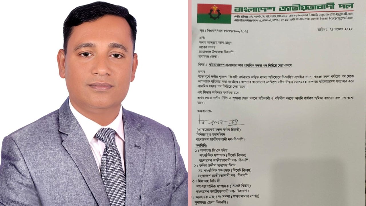 বিএনপি থেকে আব্দুল্লাহ আল মামুনের বহিষ্কারাদেশ প্রত্যাহার