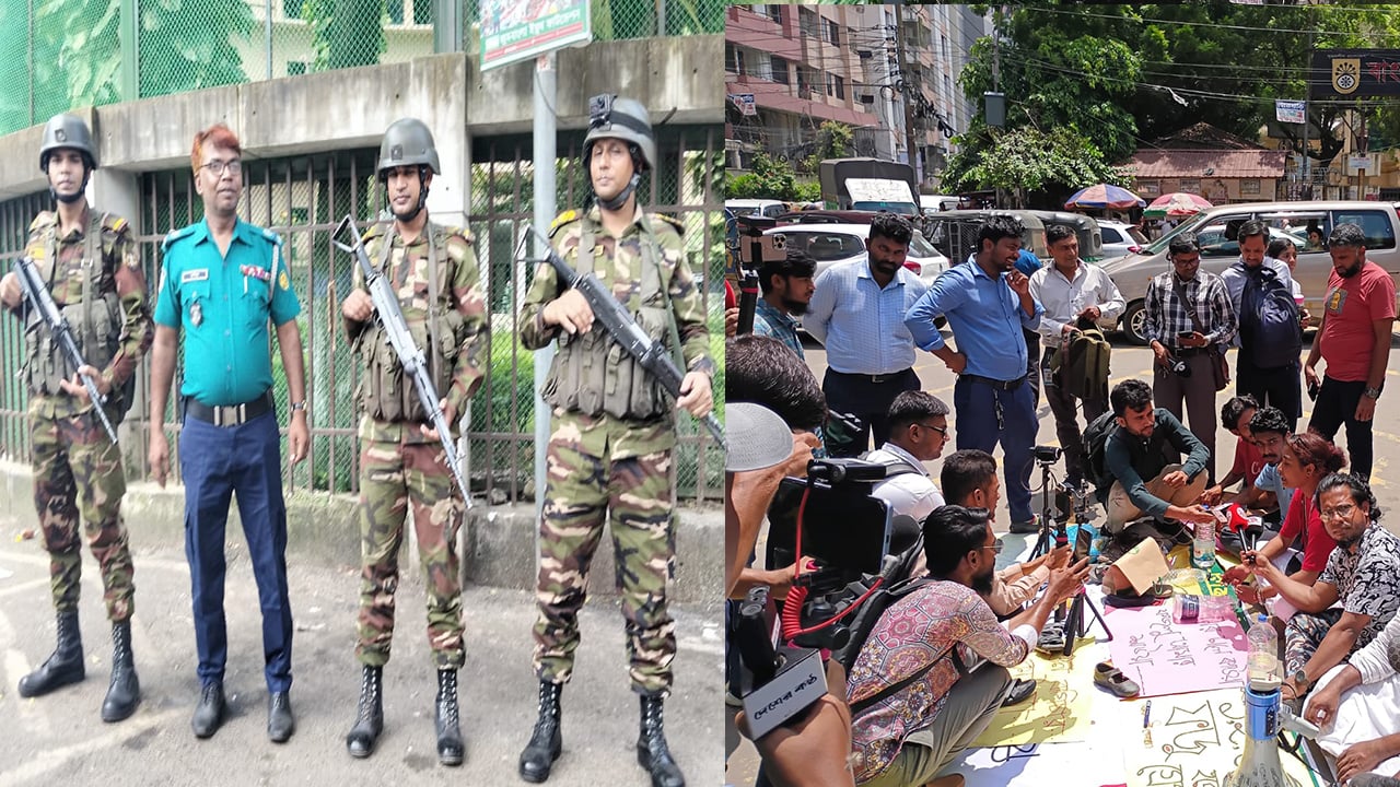 ফজলুর রহমানের বাড়ির সামনে ছাত্র-জনতা ও সেনা-পুলিশ সদস্যদের অবস্থান