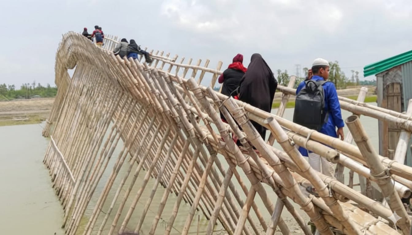 বাঁশখালীতে বাঁশের সাঁকোয় ঝুঁকি নিয়ে পারাপার