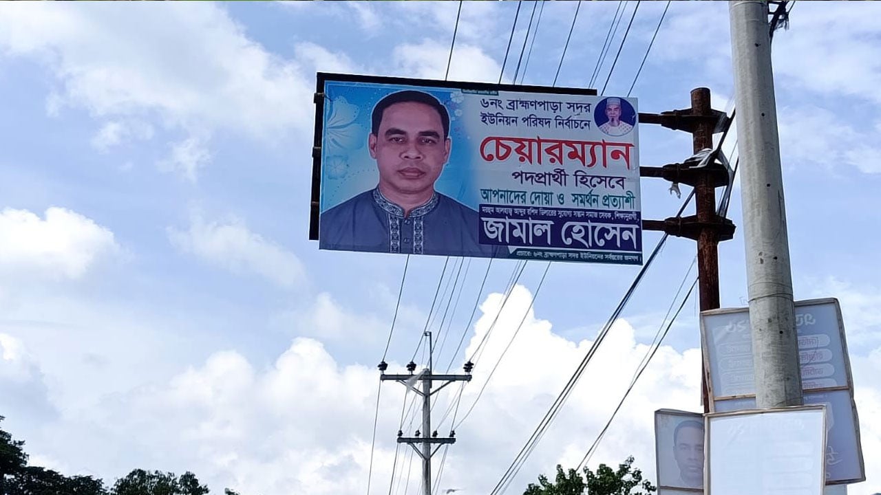 সওজের সাইনবোর্ড ঢেকে যুবলীগ নেতার নির্বাচনি প্রচারণা