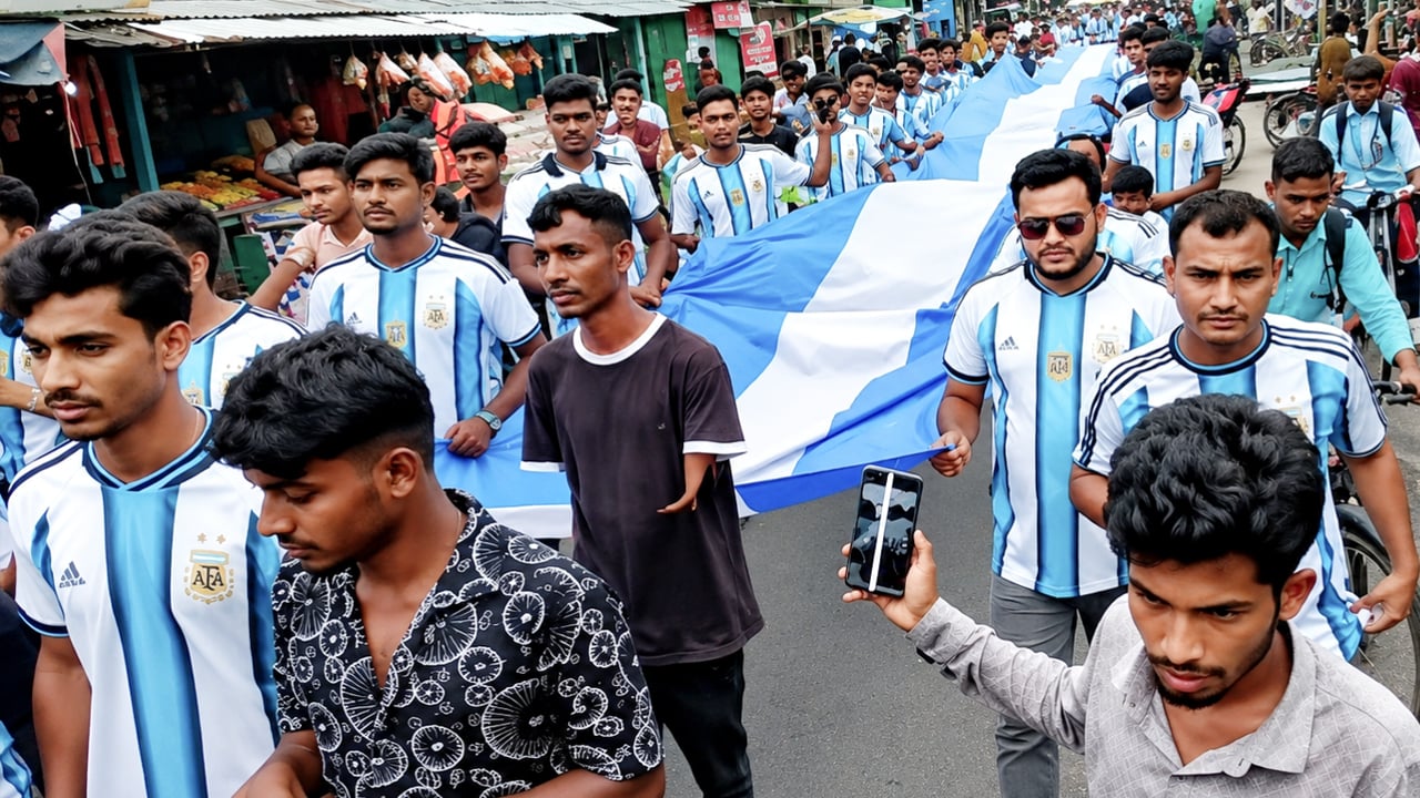 আর্জেন্টিনার ৭ শ ফুট পতাকা নিয়ে সমর্থকদের বর্ণাঢ্য র‍্যালি
