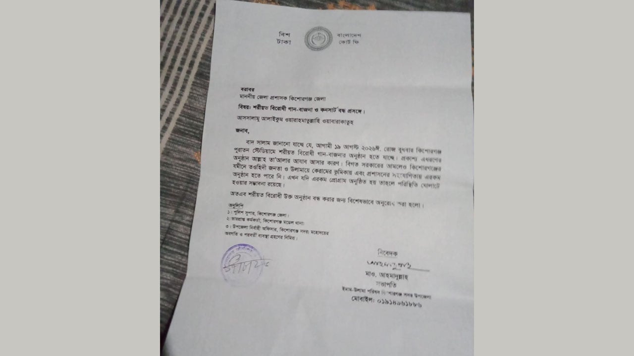কিশোরগঞ্জে শরিয়তবিরোধী গান-বাজনা ও কনসার্ট বন্ধের দাবিতে স্মারকলিপি