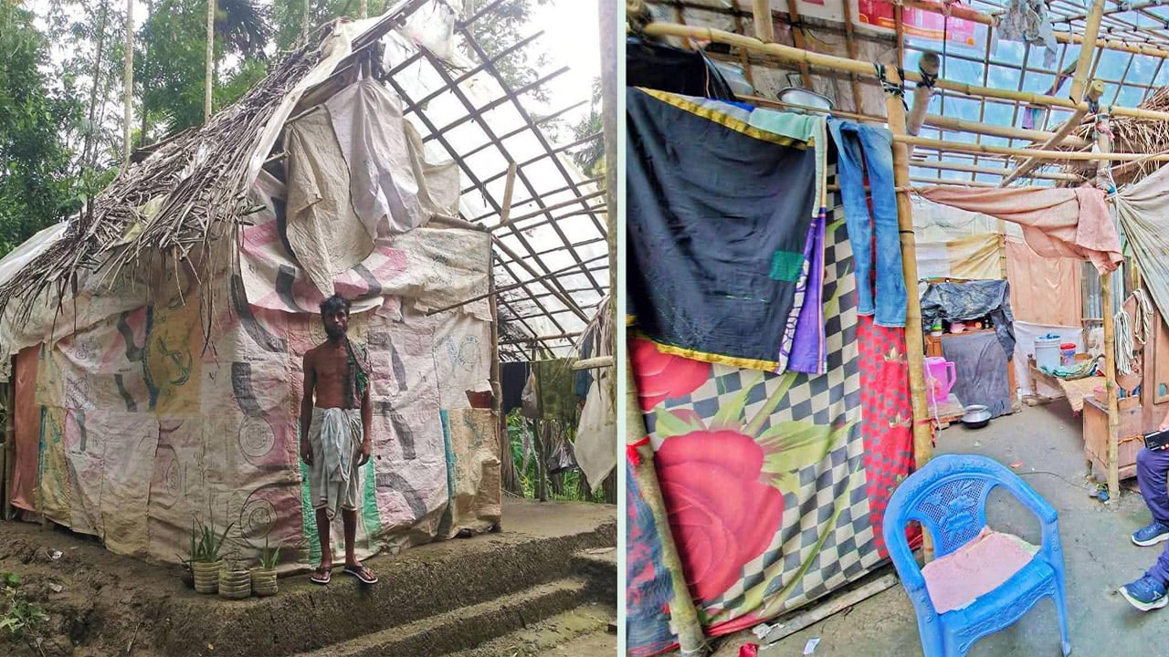 পলিথিনের ছাপরা ঘরে মানবেতর জীবন ওমর আলীর