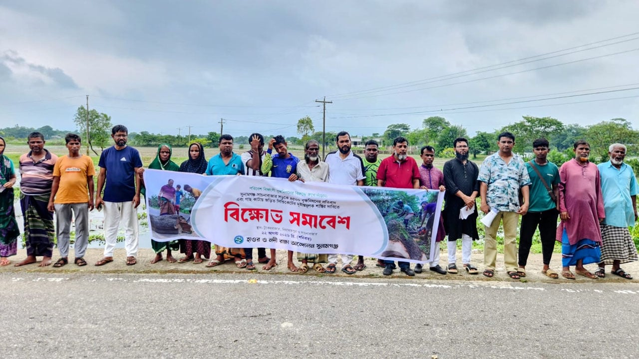 সুনামগঞ্জে প্রকল্পের দোহাই দিয়ে গাছ কাটার প্রতিবাদে মানববন্ধন 