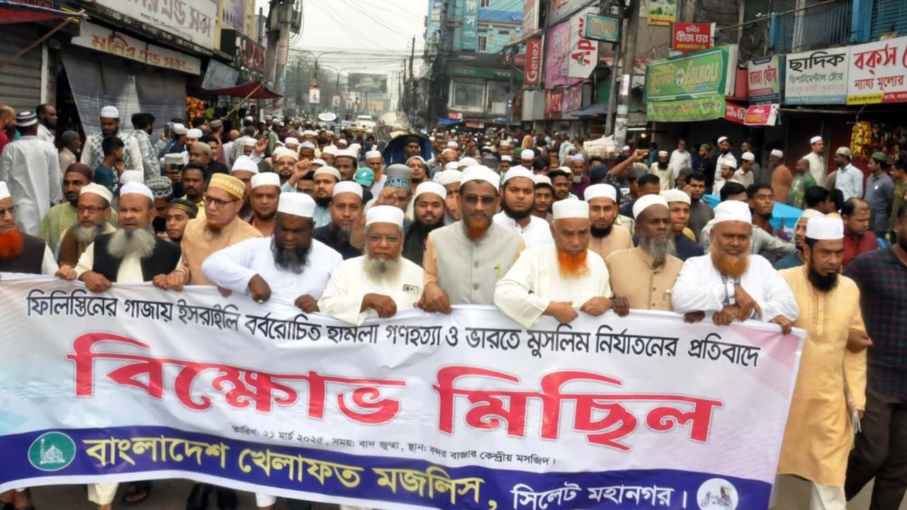 গাজায় ইসরাইলি গণহত্যার প্রতিবাদে সিলেটে বিভিন্ন সংগঠনের বিক্ষোভ