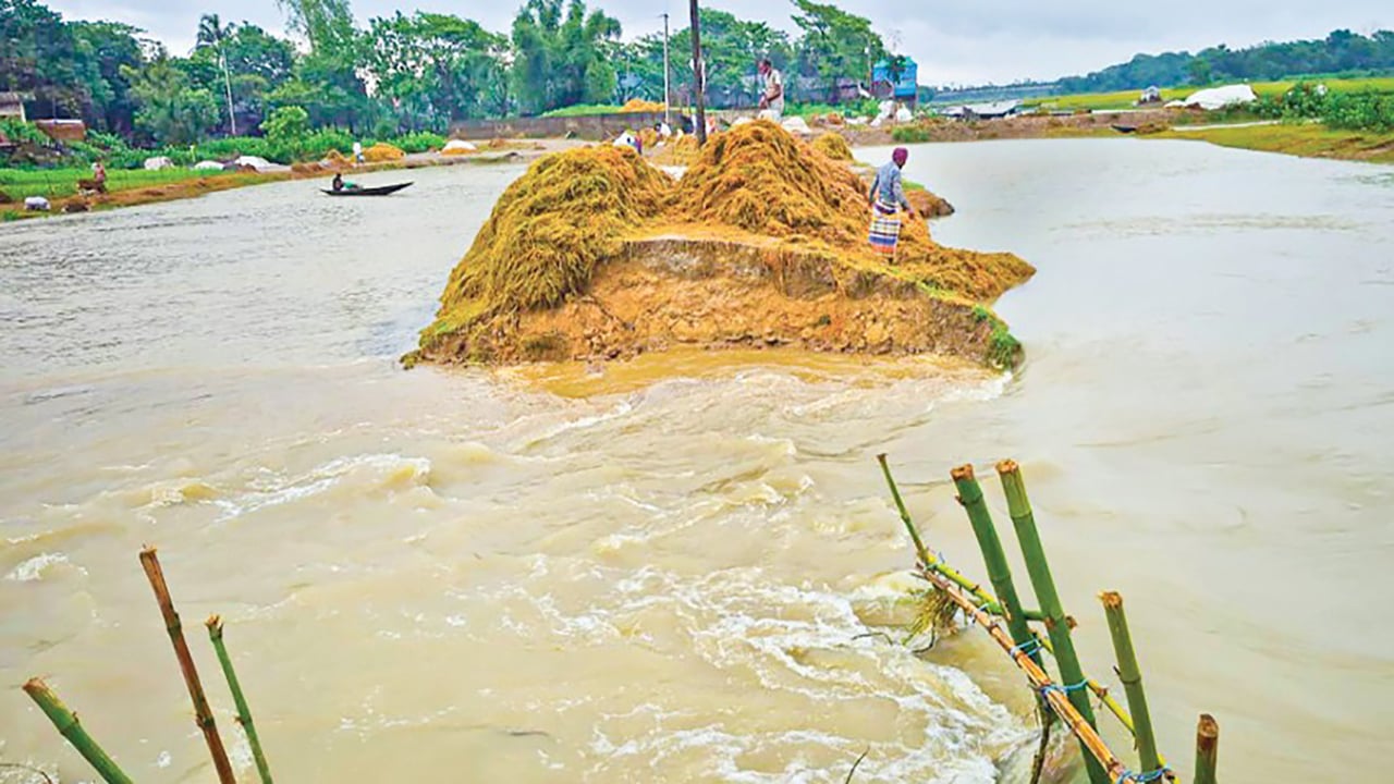 বর্ষণে সুনামগঞ্জে বাঁধ ভেঙে হাওরে ঢুকছে পানি, বন্যার শঙ্কা