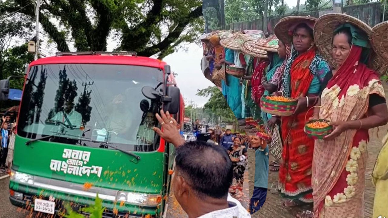 সিলেটে প্রধানমন্ত্রীকে ফুল ছিটিয়ে অভ্যর্থনা চা-শ্রমিকদের